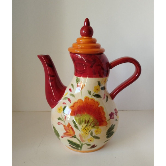 222 Fifth Folklorica Pitcher with Lid - Red Floral - Discontinued 12” - Picture 1 of 10